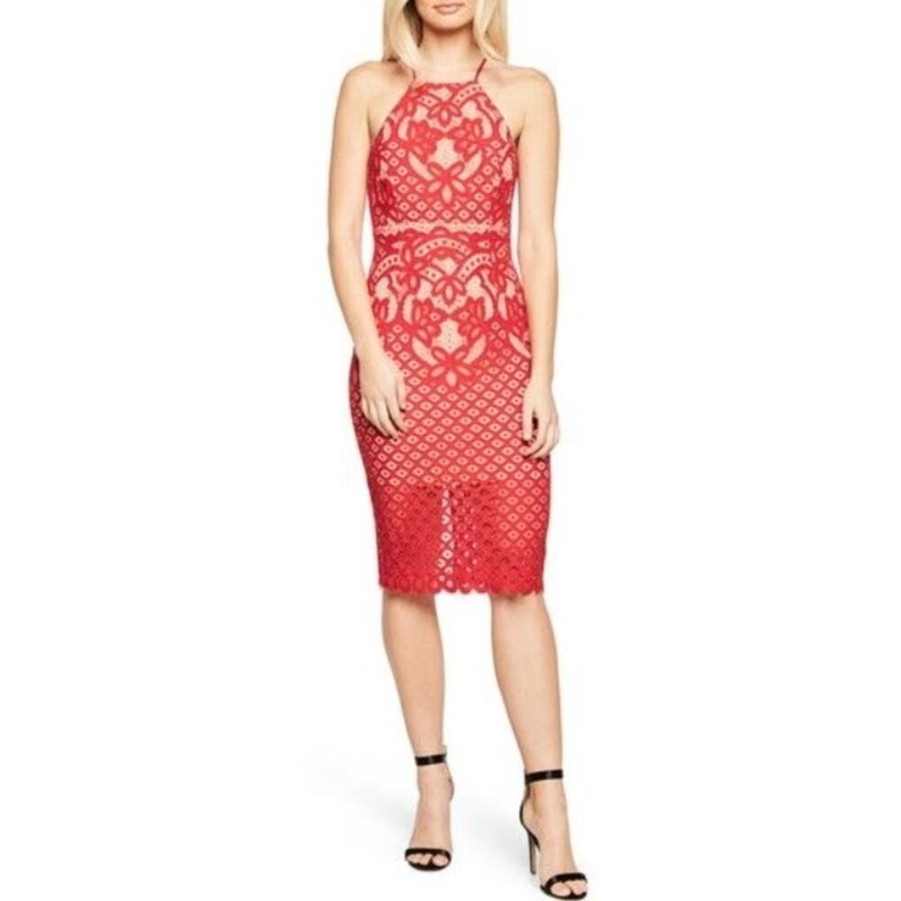 Anthropologie Bardot Red Lace Halter Midi Dress Party Cocktail Formal - 8M